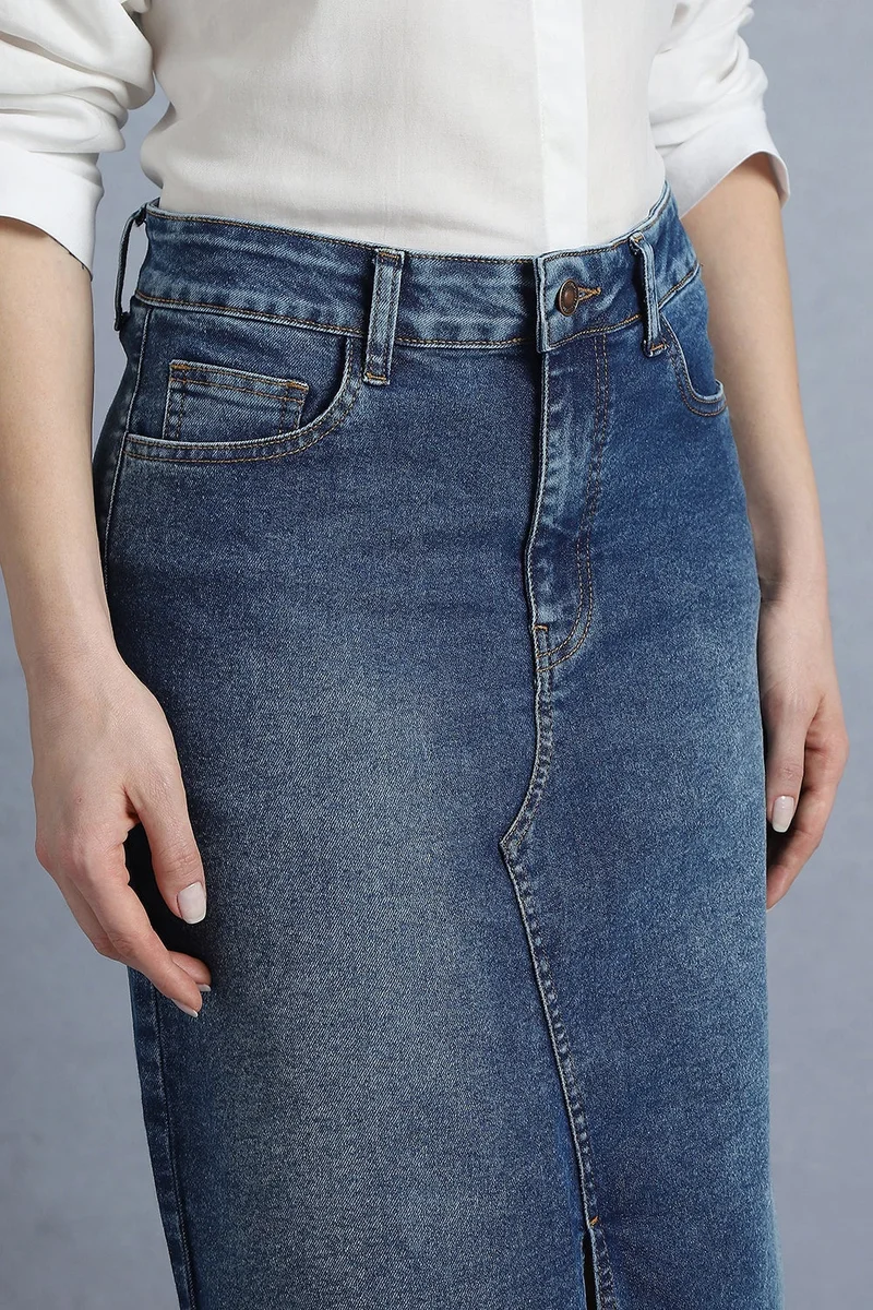 inkd Denim Drama Women's Denim Skirt - Midi Skirt with Front Slit | Long Straight Fit Skirt for Women | Skirt for Woman for Women | Best Price UAE